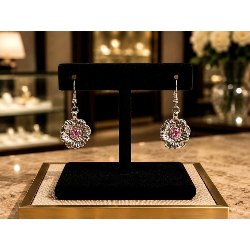 S Fiori Floral Dangle Silver Tone Pink Rhinestone Flower Earrings Signed